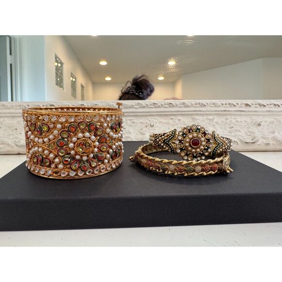Bundle Set of 3 Indian Kada Bracelets Cuff Bangles Meenakari Kundan Gold Plated - Picture 1 of 6